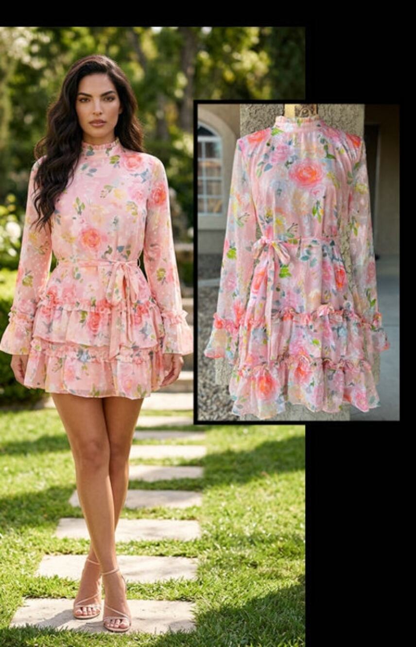 Lulus Lenna Light Pink Multi Floral Long Sleeve Ruffled Belt Mini Dress Size XL